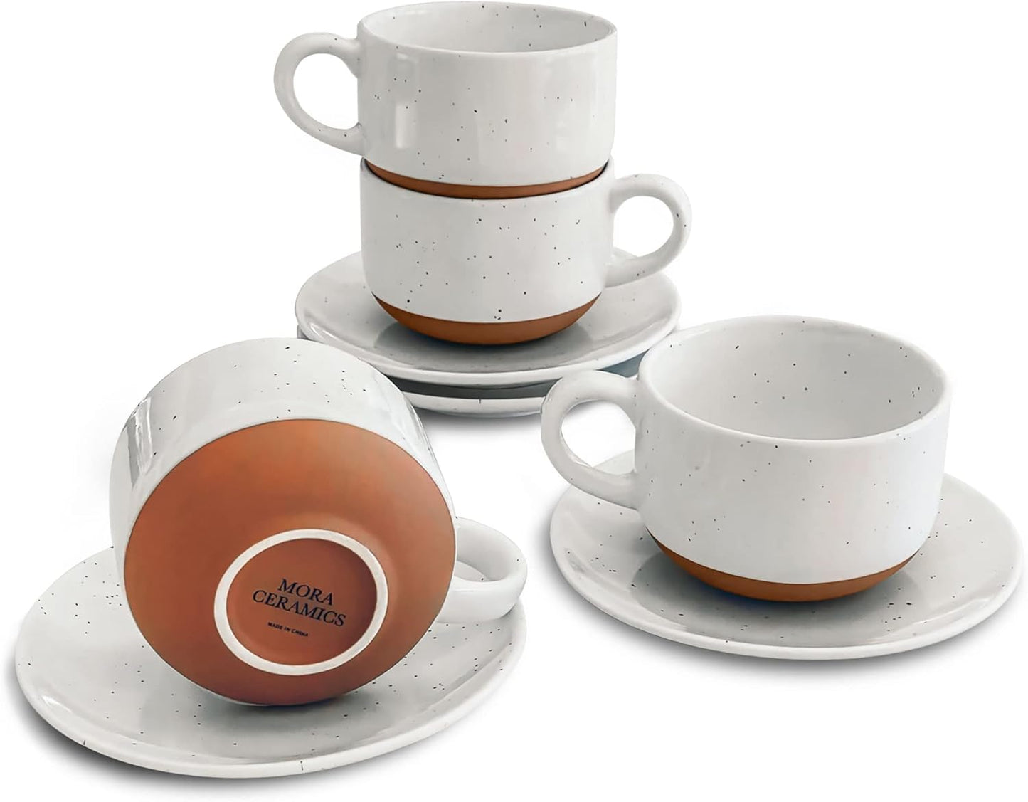 Mora Ceramics 8oz Cappuccino Mug Set of 4 - Ceramic Coffee Cups with Saucers - Microwave and Dishwasher Safe, Perfect For Tea, Espresso, Latte - Porcelain Mugs for Kitchen or Cafe - Assorted Neutrals