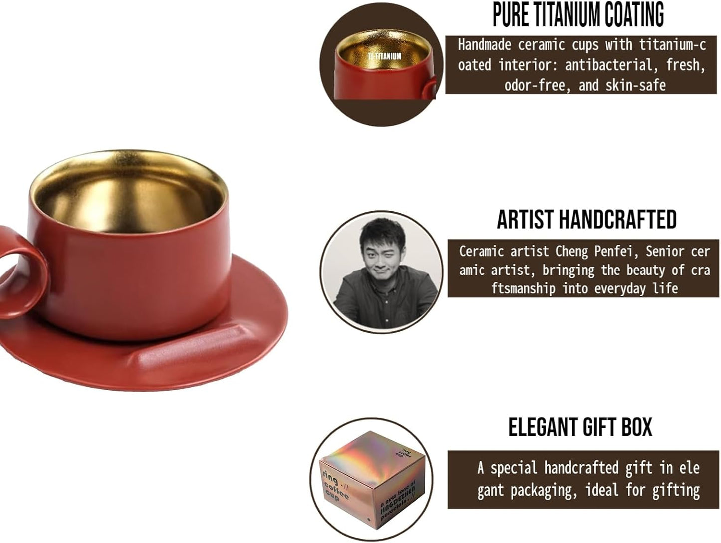 Designer’s Original Handmade Ceramic Coffee Mugs with Saucer,Food-Grade Titanium, Unique Ring Coffee cup for Office and Home, Birthday Gifts for Men and Women (Starry black)