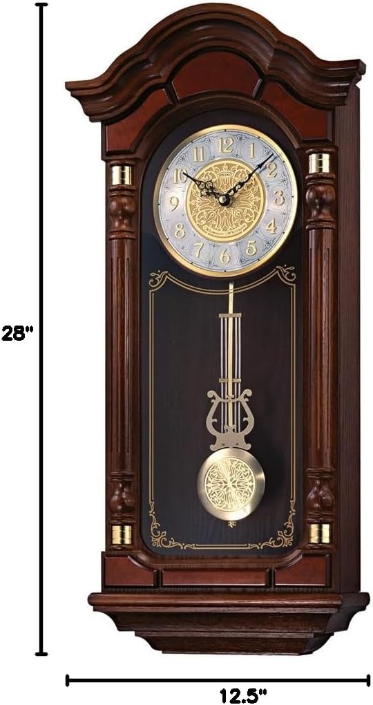 SEIKO Stately Dark Brown Solid Oak Case Wall Clock with Pendulum and Chime