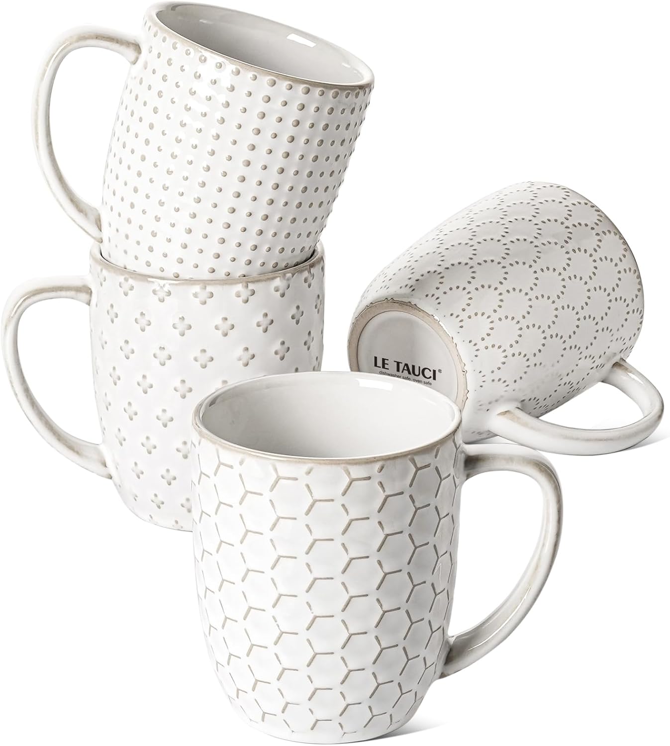 LE TAUCI Coffee Mugs 16 oz,Ceramic Mug Set, Embossment Cups for Latte, Hot Tea, Cappuccino, Mocha, Cocoa, Dishwasher Safe, Suit For Housewarming Wedding- 3.8 inch, Set of 4, Arctic White