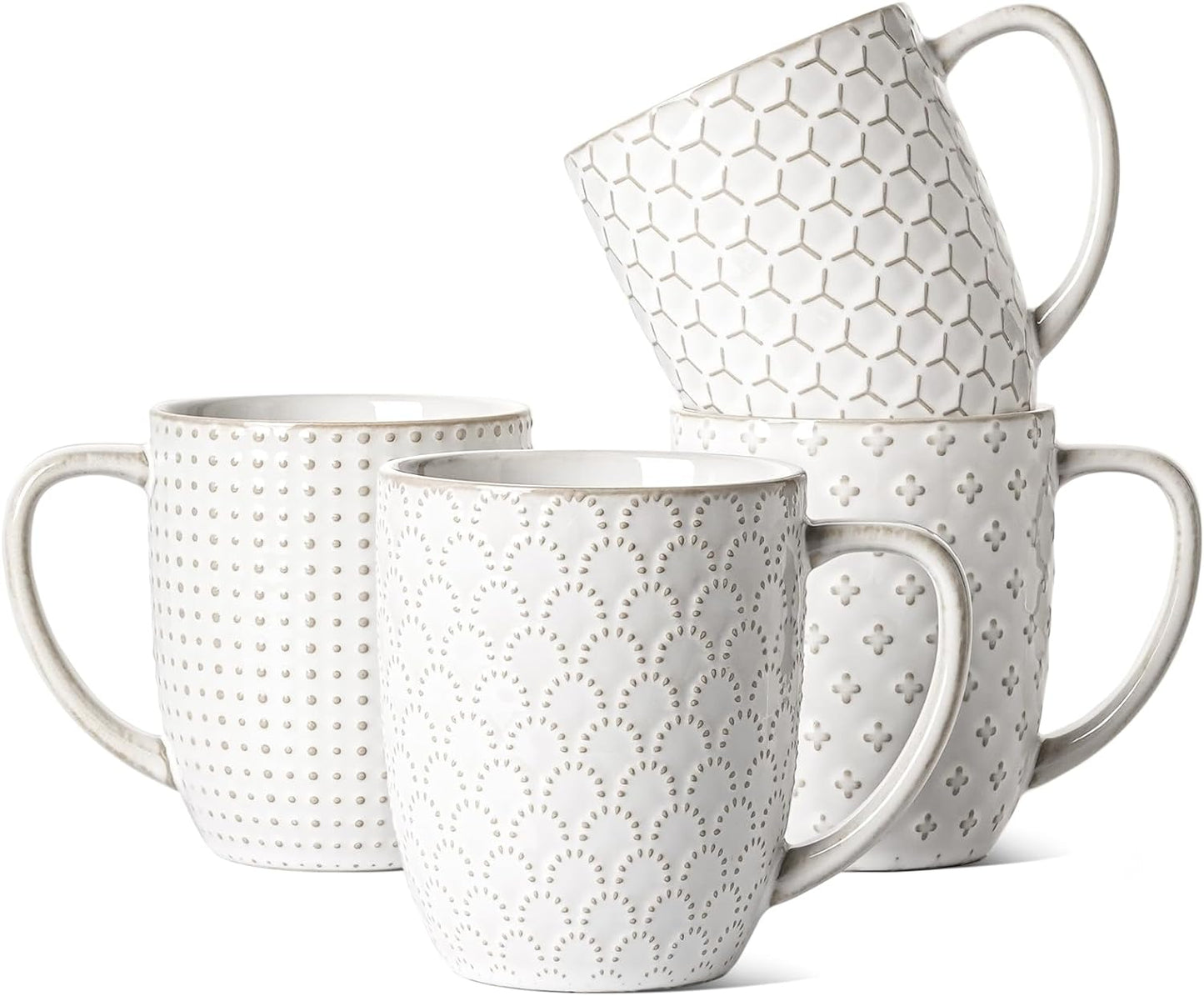 LE TAUCI Coffee Mugs 16 oz,Ceramic Mug Set, Embossment Cups for Latte, Hot Tea, Cappuccino, Mocha, Cocoa, Dishwasher Safe, Suit For Housewarming Wedding- 3.8 inch, Set of 4, Arctic White