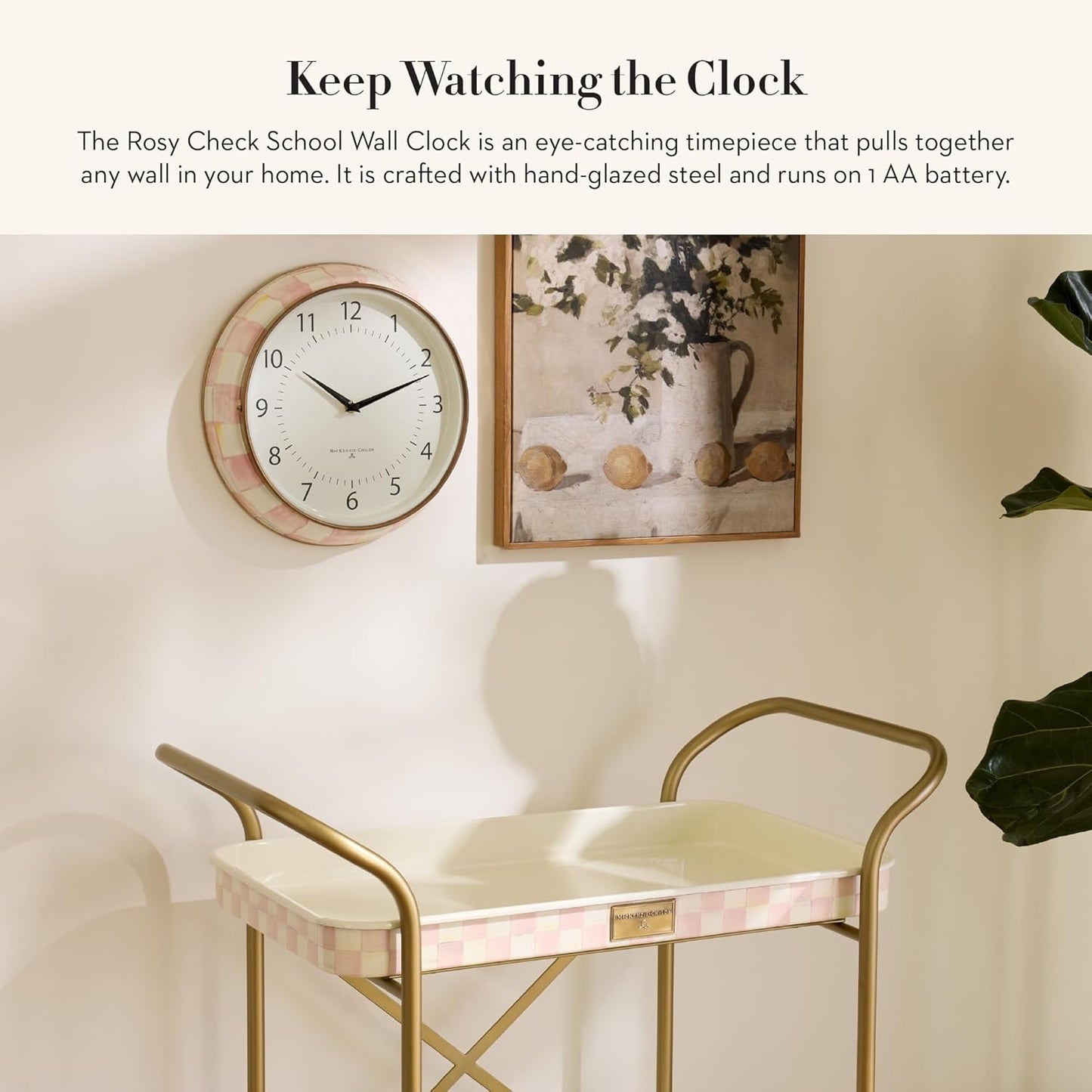 MACKENZIE-CHILDS Wall Clock, Decorative Enamel Clock for Kitchen and Living Room, Pink-and-White Rosy Check