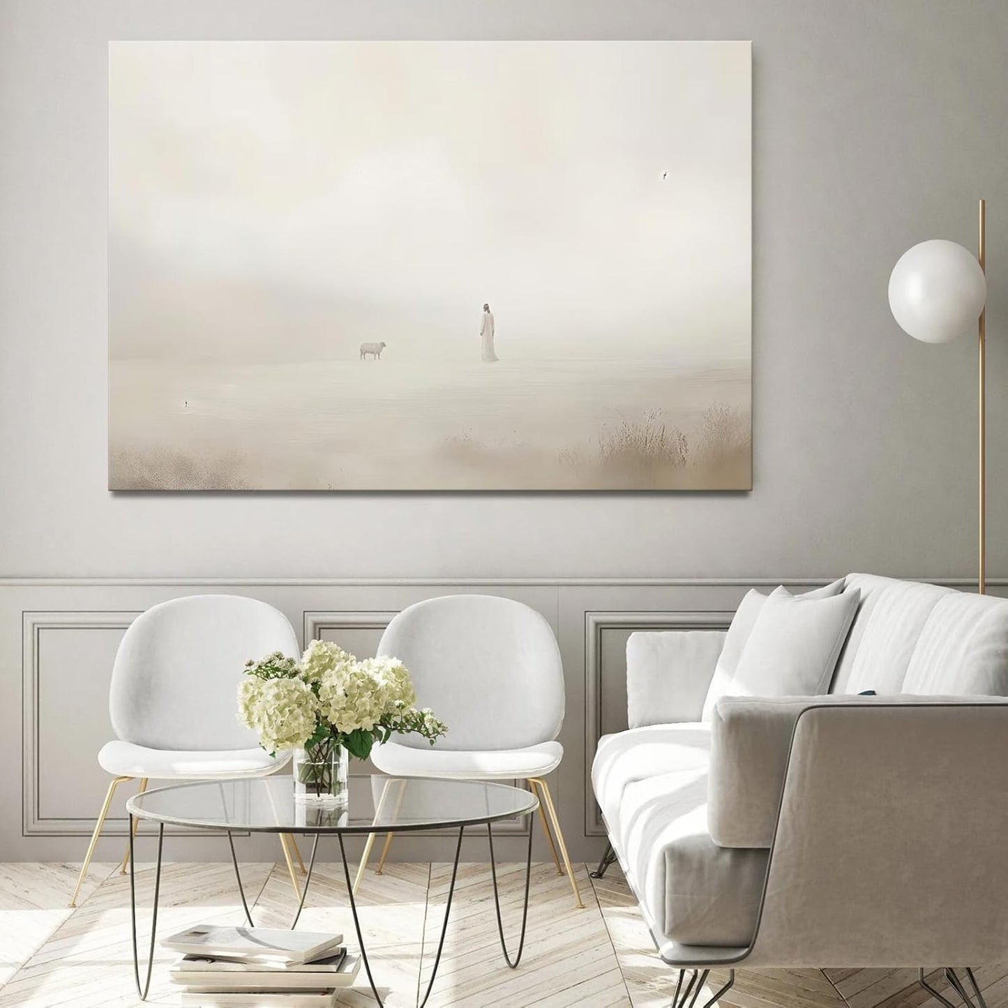 Jesus Leaves The 99 Wall Art, Meaningful Christian Painting, Parable Lost Sheep Wall Decor, Modern Neutral Religious Wall Decor for Living Room Ready To Hang (Framed,24×36 inch)