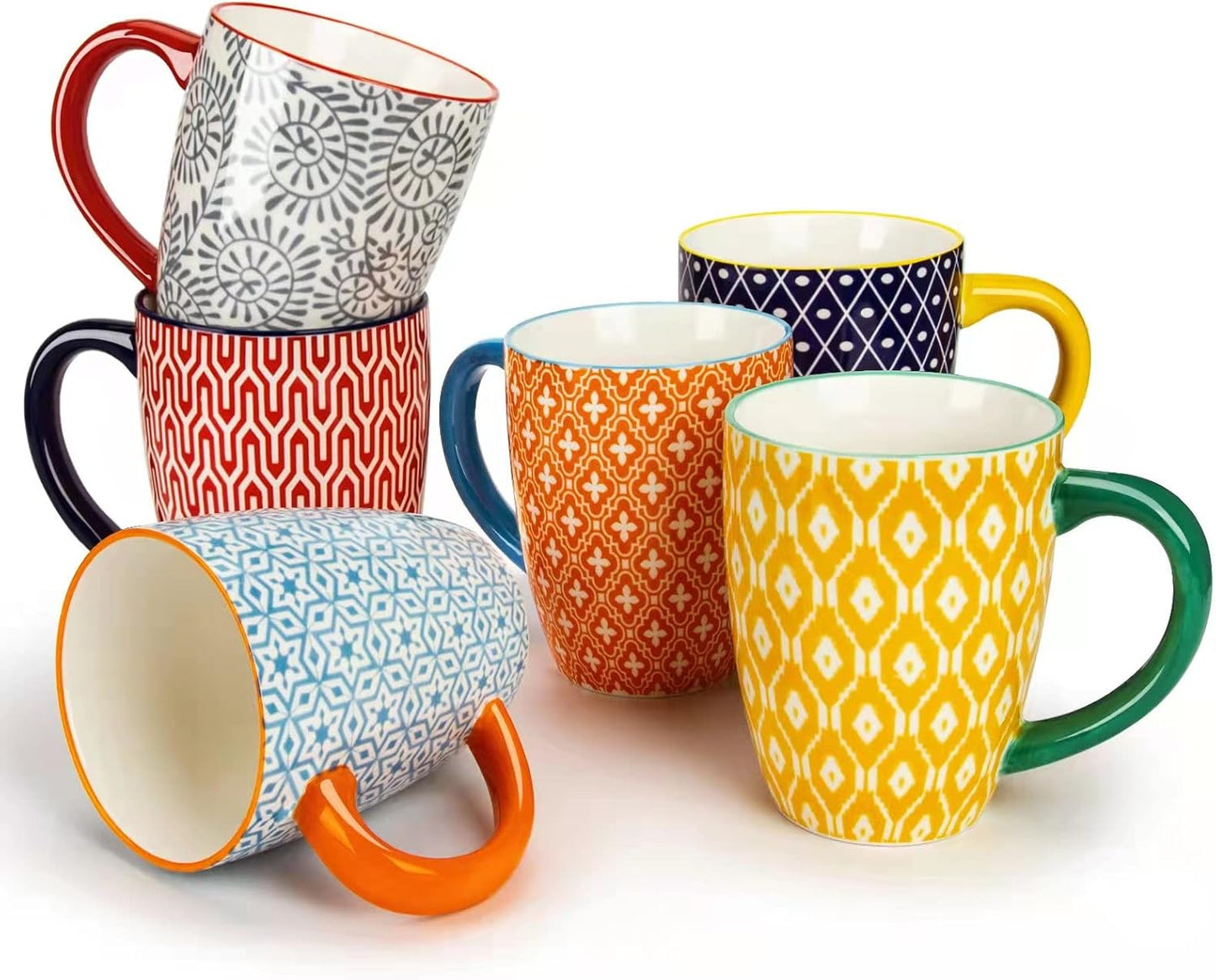 KitchenTour Ceramic Coffee Mug Set of 6 16oz - Coloful Restaurant Mugs 6pack - Cup set for Coffee, Tea, Cappuccino, Cocoa - Bohemia style