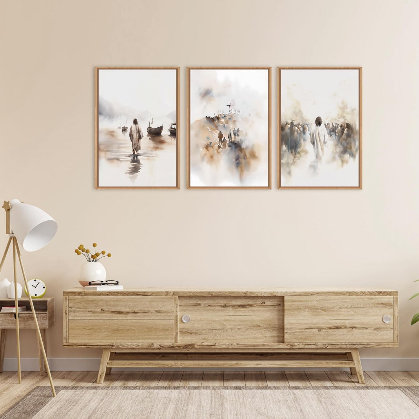 Jesus Framed Canvas Wall Art Set,Christian Bible Wall Decor, Minimalist Boho Christian Wall Painting, Retro Christmas Generic The Cross Art Prints for Living Room Bedroom, Church -16"x24"x3