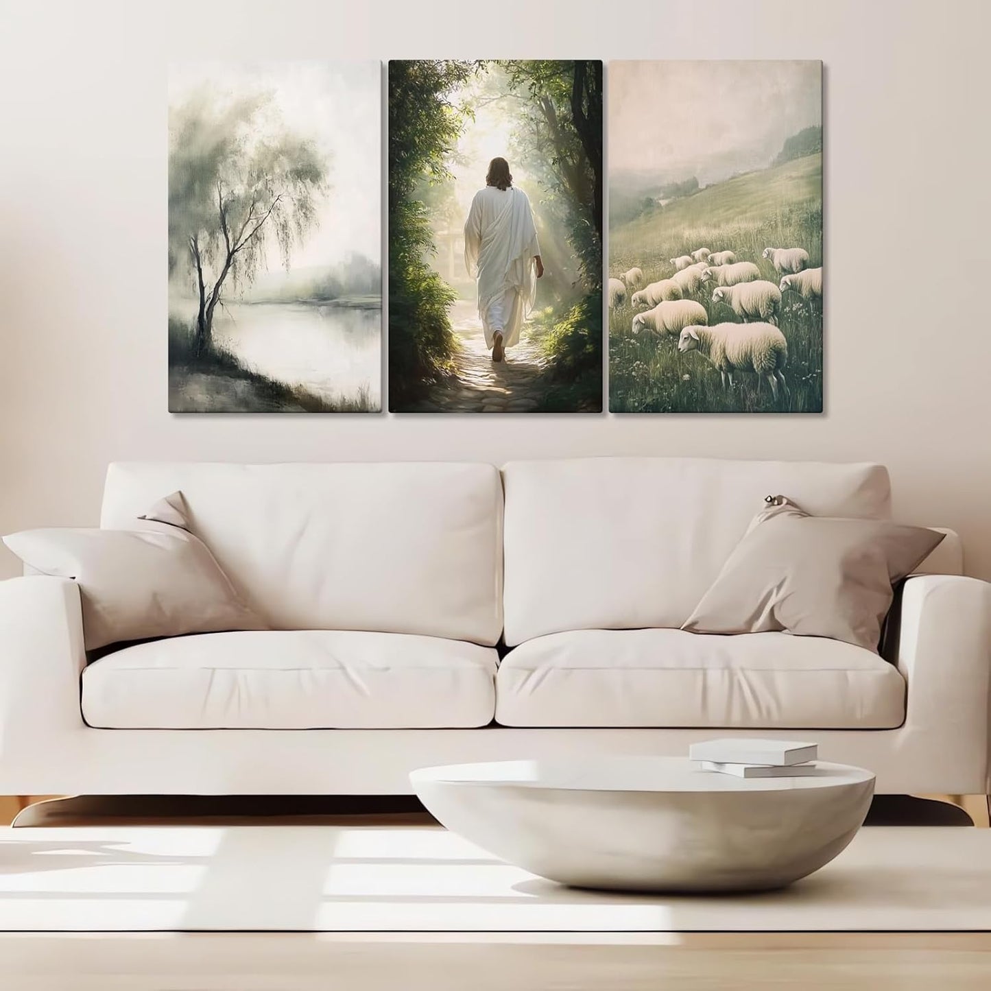 HOASDFO Jesus and Lamb Canvas Wall Prints, Jesus Canvas Wall Art, Christ Painting Decor, Christian Religious Poster Picture, Religious Spirit Artwork for Church Living Room (24" x 36" x 3pc)