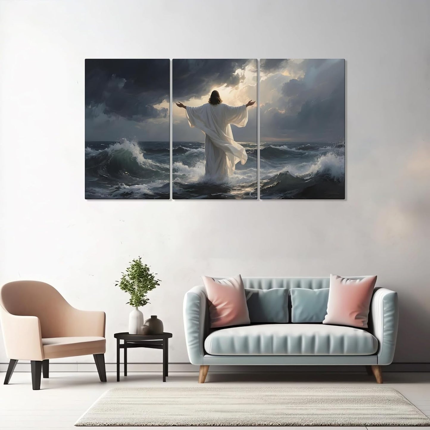 Jesus on The Sea Canvas Print, Jesus Calm Storm Canvas Wall Painting, Christian Bible Stories Painting Picture, Religious Wall Decor, Christian Wall Art, Wall Decor Living Room (16" x 24" x 3pc)