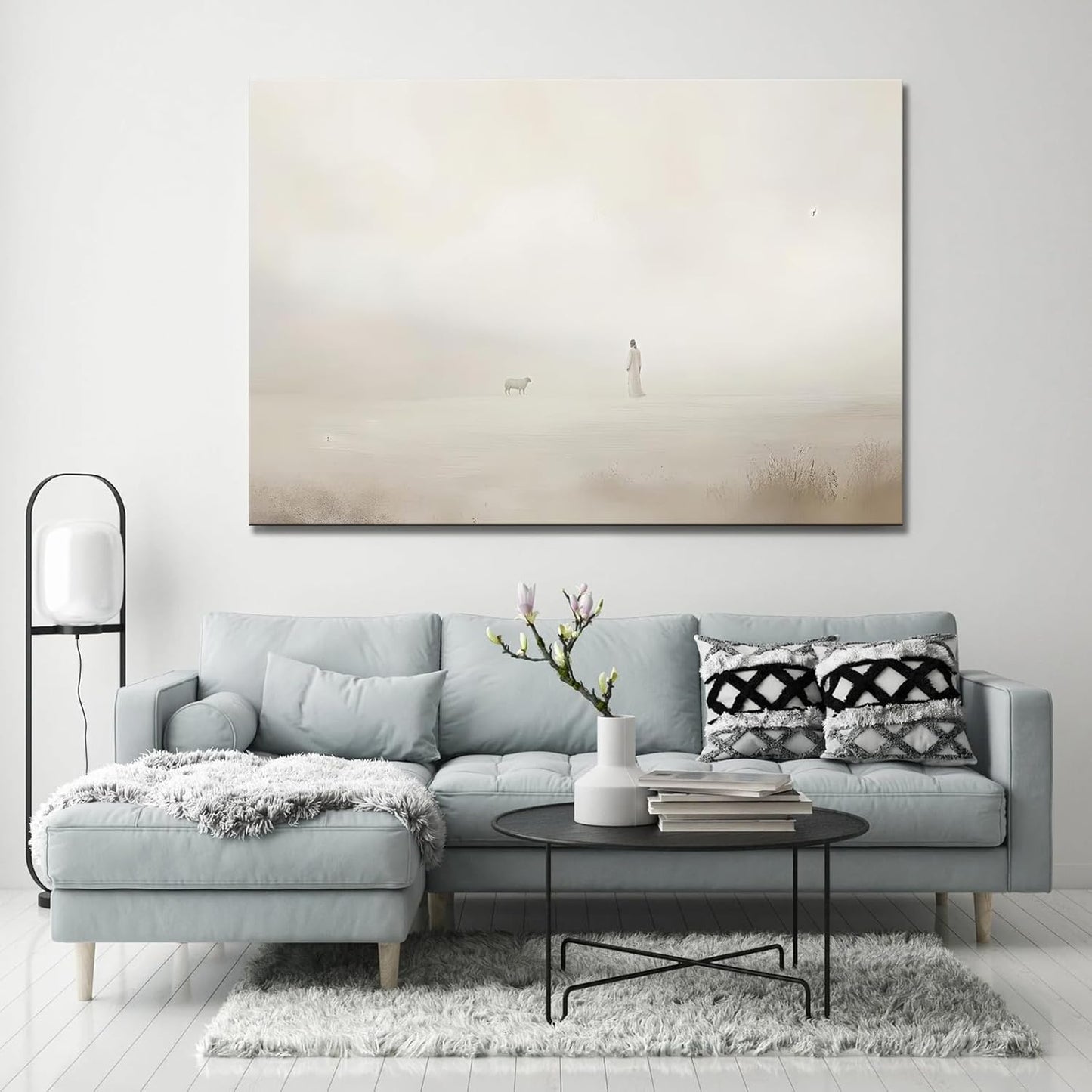 Jesus Leaves The 99 Wall Art, Meaningful Christian Painting, Parable Lost Sheep Wall Decor, Modern Neutral Religious Wall Decor for Living Room Ready To Hang (Framed,24×36 inch)
