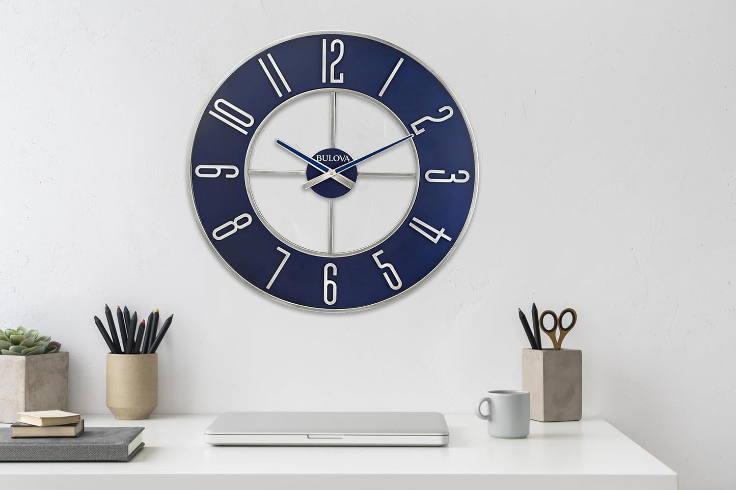 Bulova Blue Steel Oversize Wall Clock |Model C4809, 27" Diameter | Sleek Silver and Blue Finish | Contemporary Design | Battery Operated