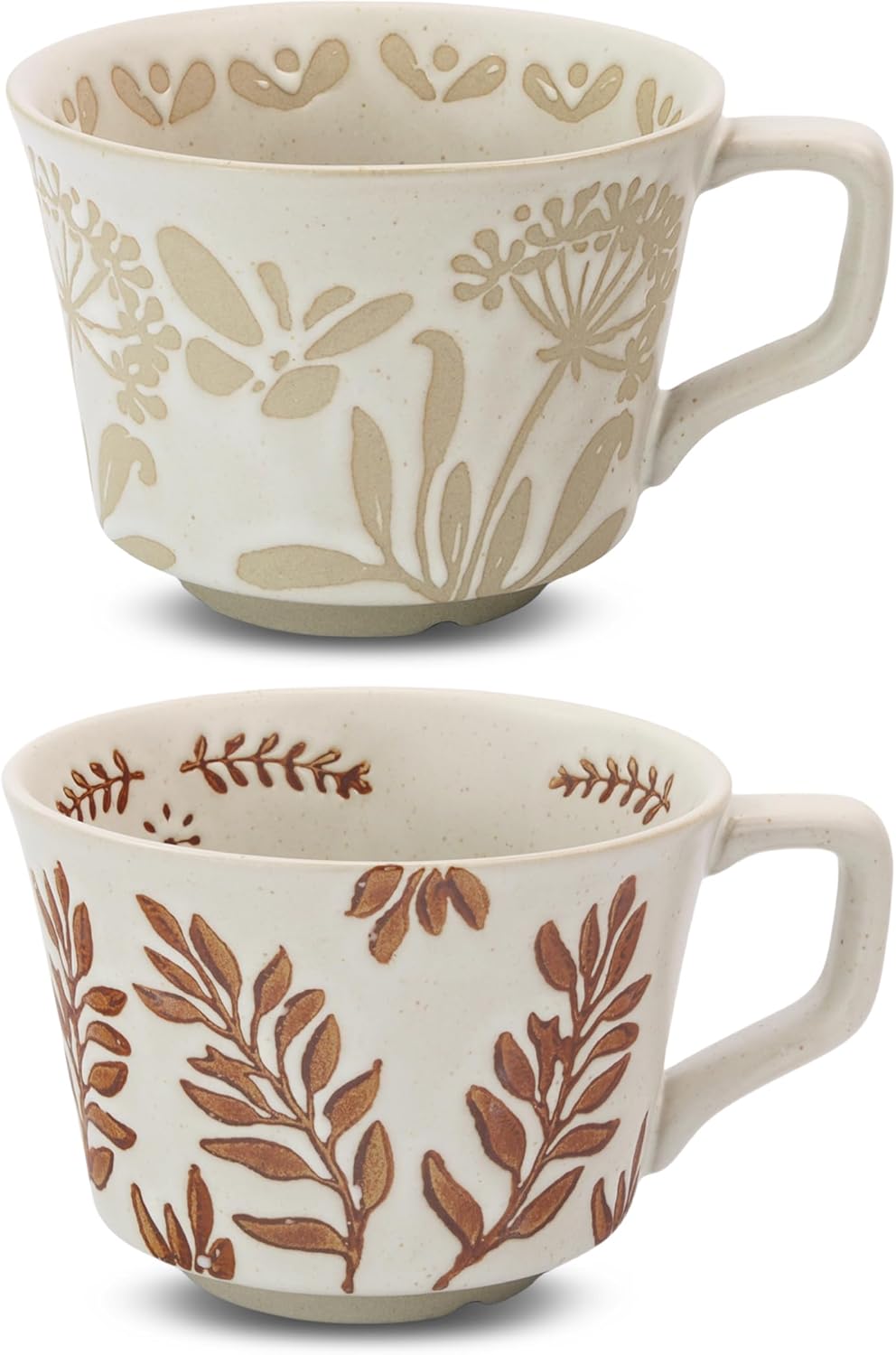 Ceramic Coffee Mug, 12 oz Novelty Unique Teacup with Large Handle, Stoneware Cup for Tea Mocha Latte Cappuccino Espresso (Set of 4, Butterfly Grass Ivy and Leaf)