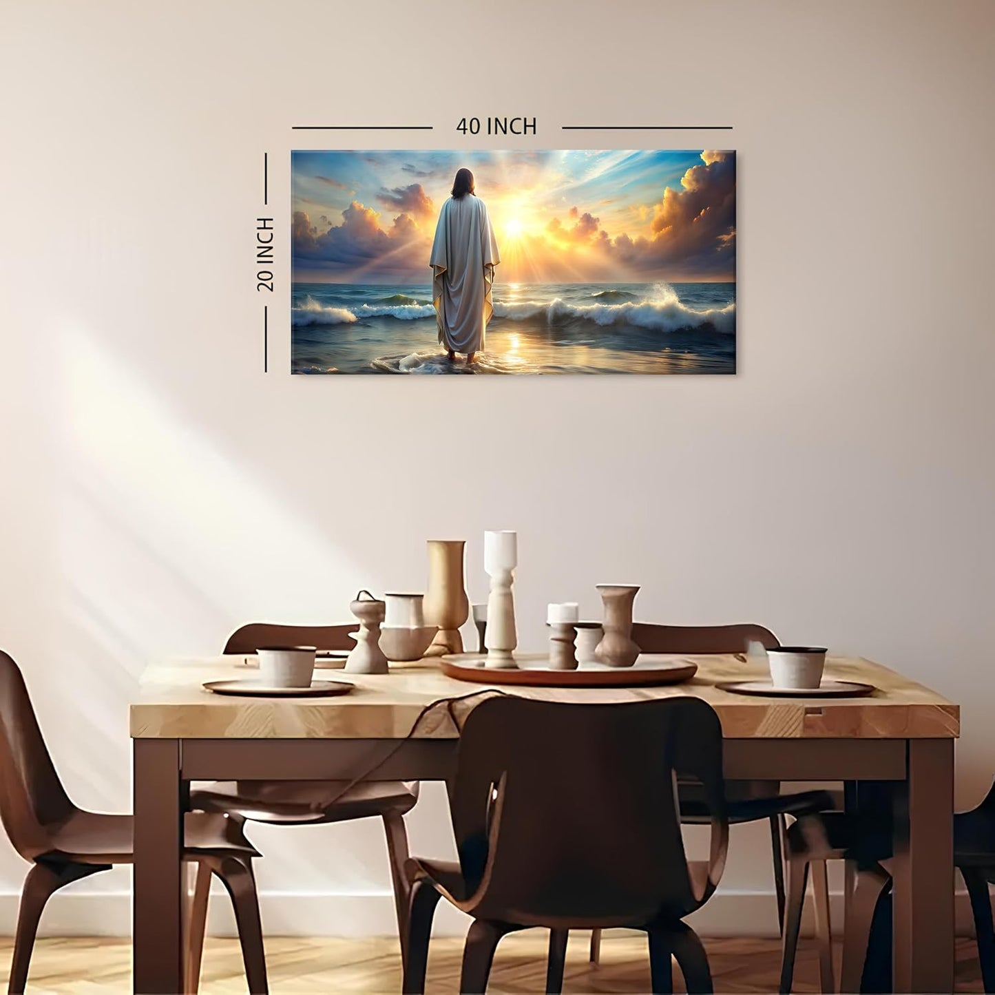 Jesus Walking on Water Wall Art Inspirational Biblical Wall Decor Jesus Walking on Sunset Ocean Picture Christian Religious Painting Decor Nature Beach Poster Artwork Church Home Decorations 20x40”