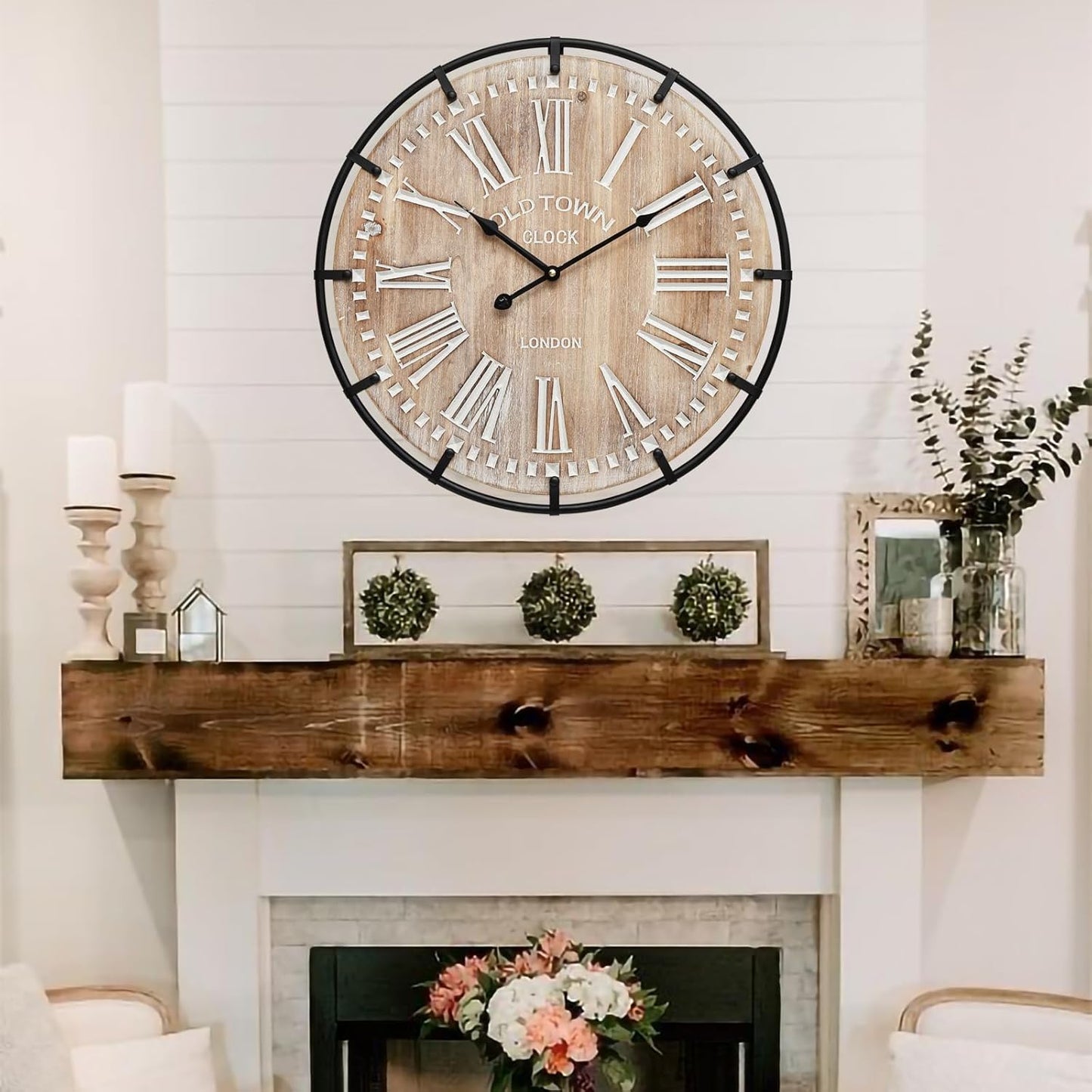 Large Wall Clock –30 Inch Farmhouse Clock -Extra Large 30 Inch Wood and Metal Wall Clock, Silent and Battery Operated for Living Room, Kitchen and Office Decor