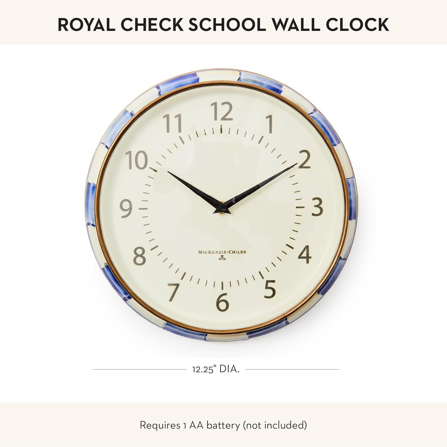 MACKENZIE-CHILDS Wall Clock, Decorative Clock for Kitchen and Living Room, Blue-and-White Royal Check