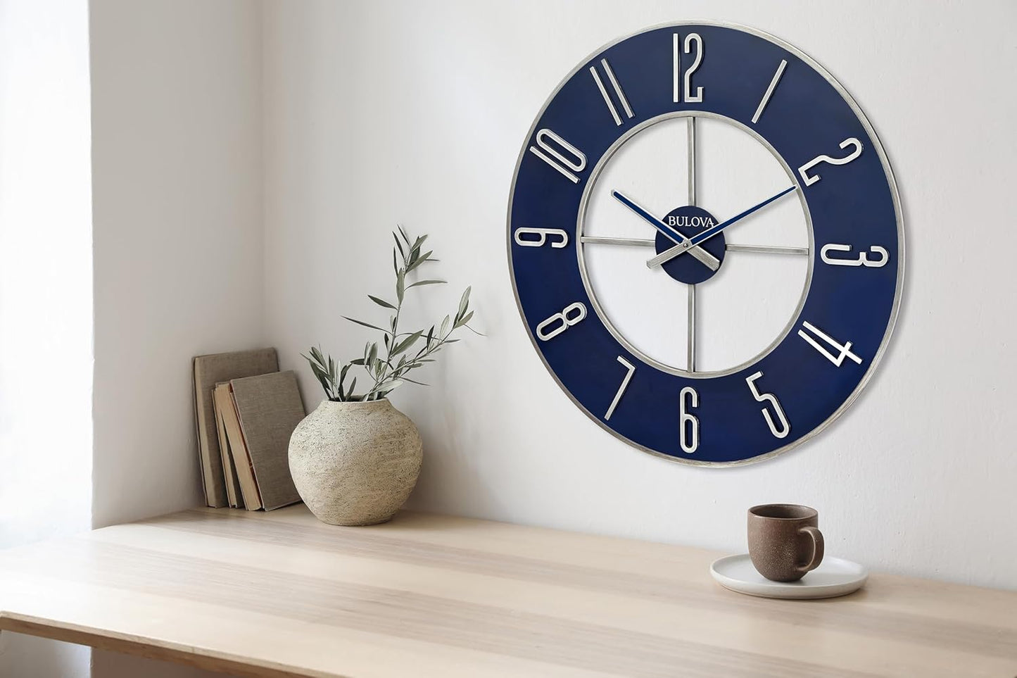 Bulova Blue Steel Oversize Wall Clock |Model C4809, 27" Diameter | Sleek Silver and Blue Finish | Contemporary Design | Battery Operated