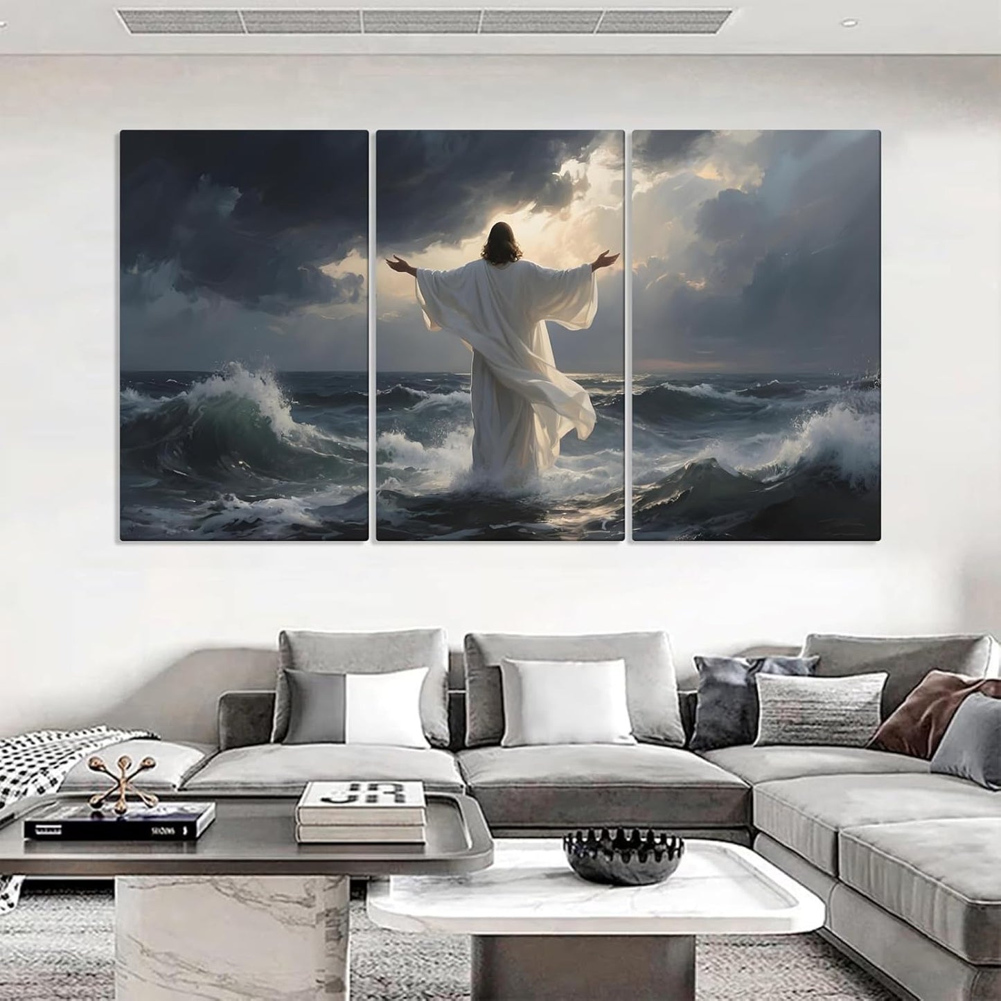 Jesus on The Sea Canvas Print, Jesus Calm Storm Canvas Wall Painting, Christian Bible Stories Painting Picture, Religious Wall Decor, Christian Wall Art, Wall Decor Living Room (16" x 24" x 3pc)