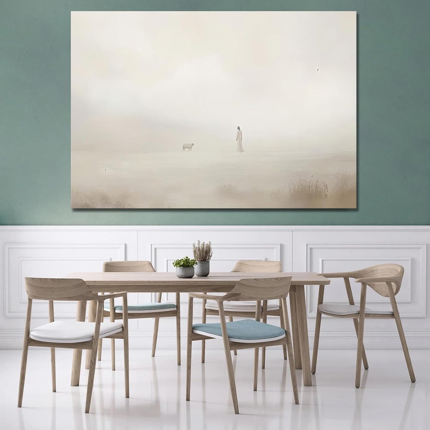 Jesus Leaves The 99 Wall Art, Meaningful Christian Painting, Parable Lost Sheep Wall Decor, Modern Neutral Religious Wall Decor for Living Room Ready To Hang (Framed,24×36 inch)