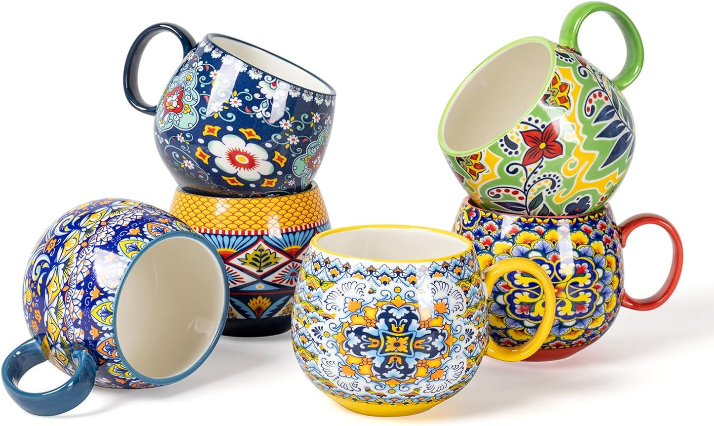 HENXFEN LEAD Coffee Mugs Set 14 Ounce - Multicolor Porcelain Cups for Latte, Hot Tea, Cappuccino, Cocoa, Soup, Dishwasher, Microwave Safe, Christmas Gift Set of 6 - Bohemian Style