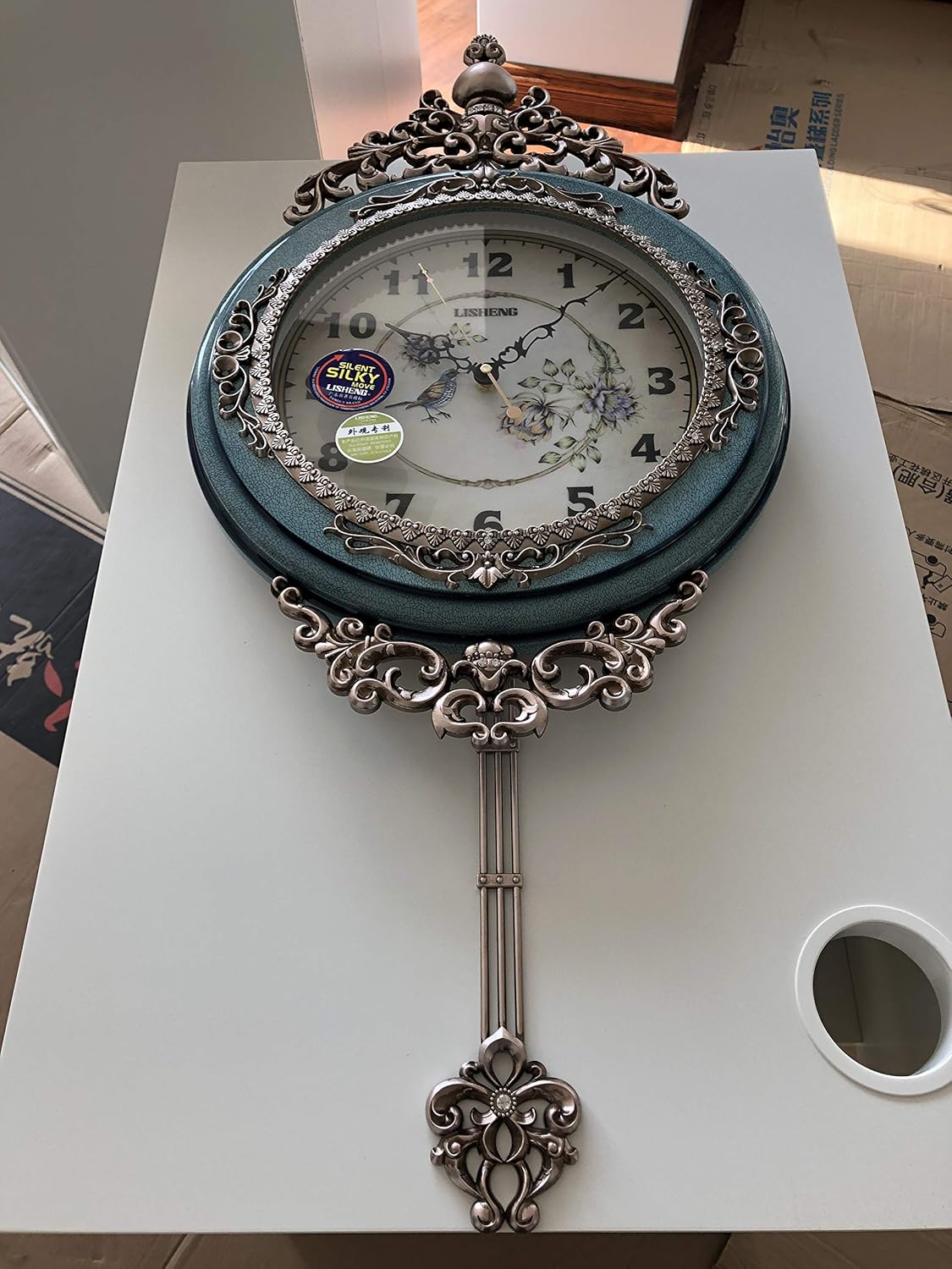 SHISEDECO Elegant, Traditional, Decorative, Hand Painted Modern Grandfather Wall Clock Fancy Ethnic Luxury Handmade Decoration, Swinging Pendulum for New Room or Office. Large. 29.5 Inch. (Blue)