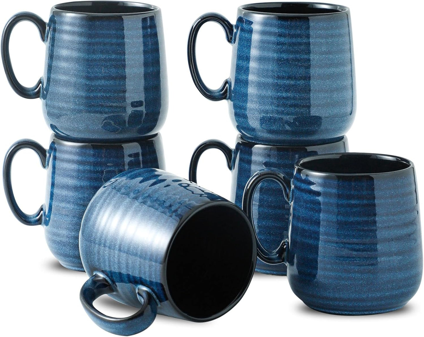 Hasense Coffee Mugs Set of 6, 12 Ounce Coffee Cups Set with Handle, Ceramic Tea Mugs for Kitchen, Blue Latte Mugs for Coffee,Cocoa, Tea, Stylish Mug Gift, Dishwasher and Microwave Safe