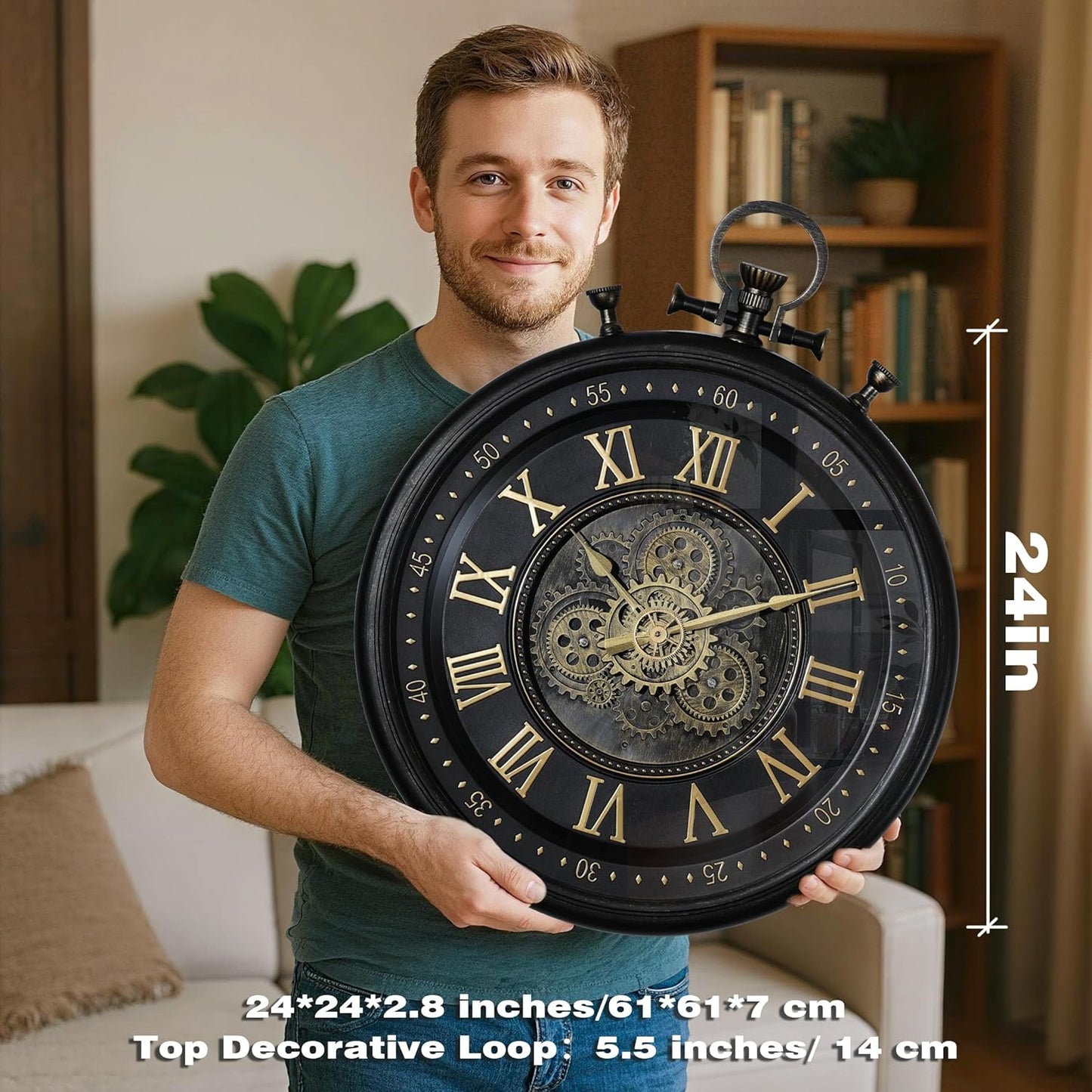 AYRELY® 24IN Decorative Moving Gear Large Wall Clock, Oversized Industrial Steampunk Gears, Big Numerals Wall Clock for Modern Living Room Decor (Carbon Black)