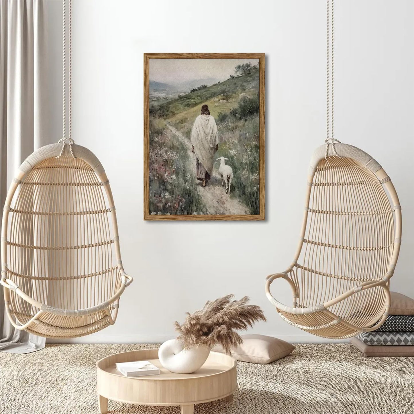 Jesus and Lamb Wall Art 3D Textured Hand Drawn Sandstone Lost Lamb Wall Decor, Jesus Leaves the 99 Sheep Christian Paintings Artwork for Living Prayer Room Bedroom 24x36 inch Wood Framed