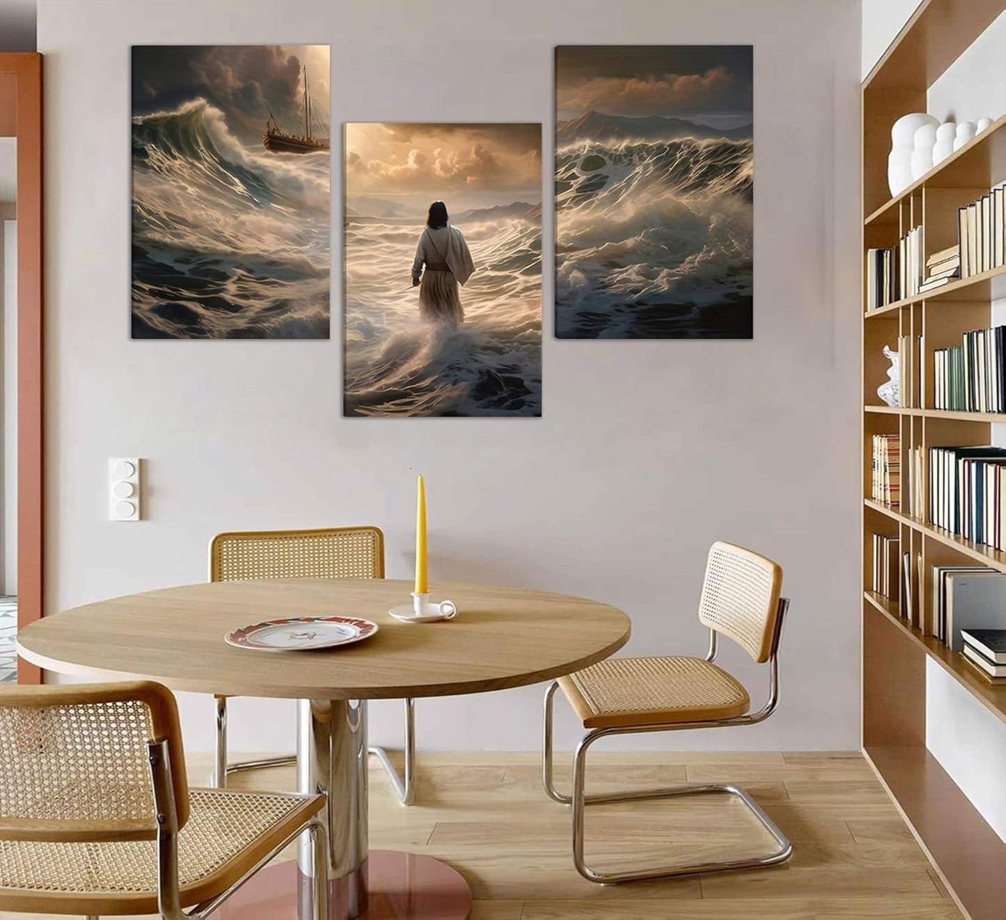 3Pcs Jesus Walking On Water Canvas Wall Art Christian Bible Stories Painting Picture Wall Decor Religious Spirit Faith Poster Print Artwork For Living Room Bedroom Church Ready To Hang