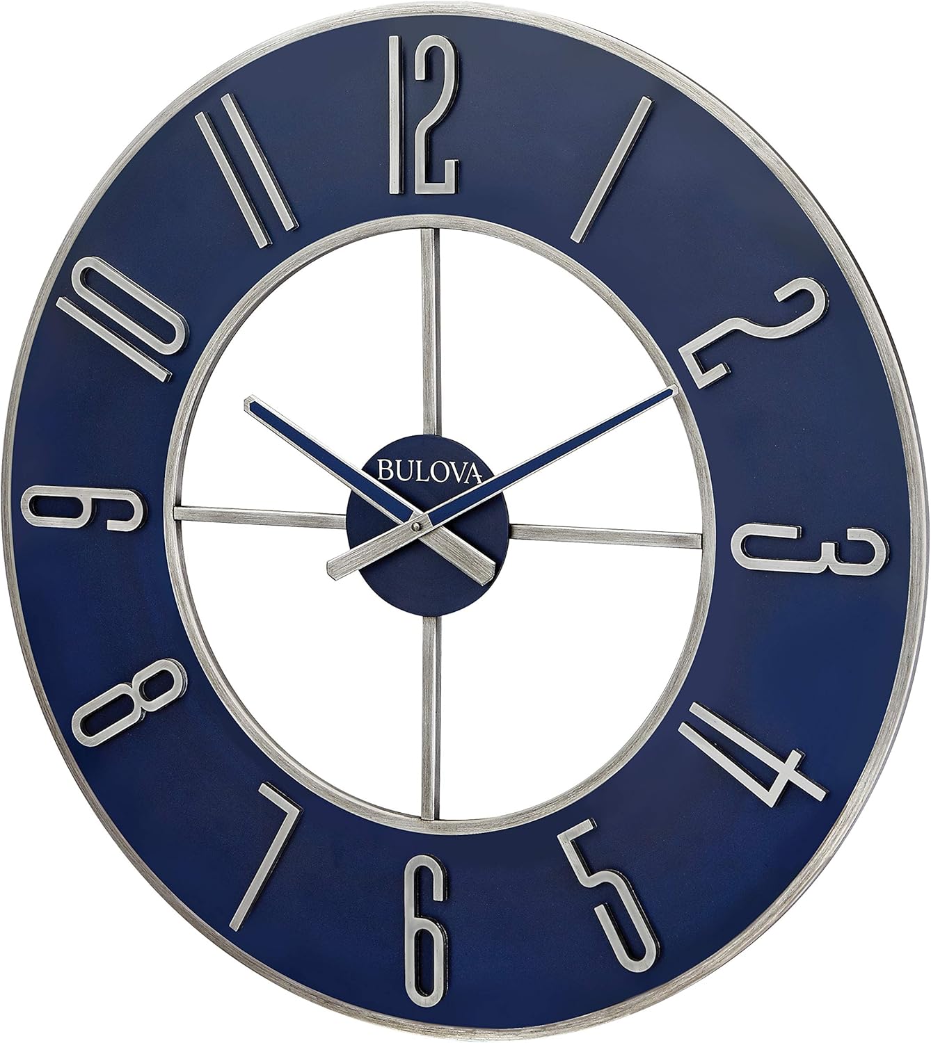 Bulova Blue Steel Oversize Wall Clock |Model C4809, 27" Diameter | Sleek Silver and Blue Finish | Contemporary Design | Battery Operated