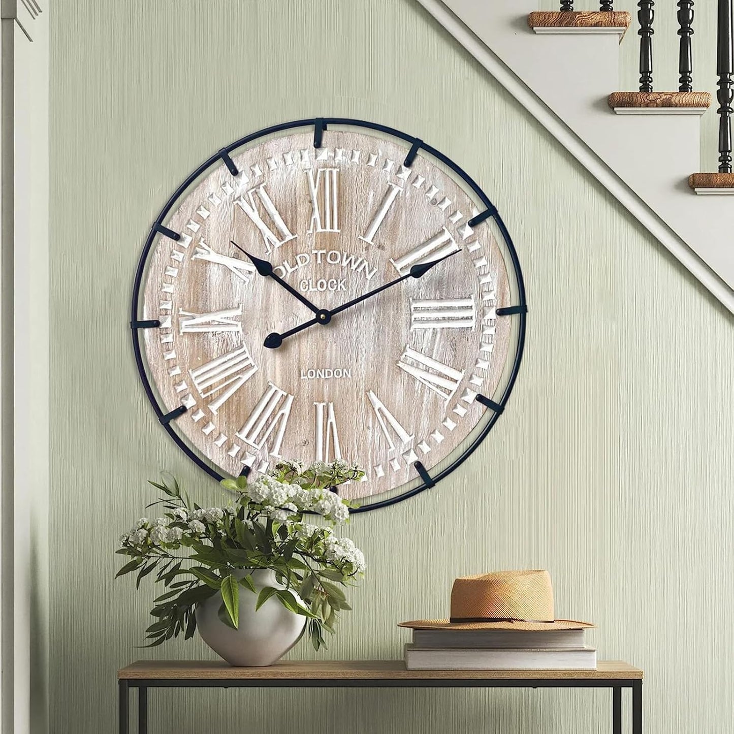 Large Wall Clock –30 Inch Farmhouse Clock -Extra Large 30 Inch Wood and Metal Wall Clock, Silent and Battery Operated for Living Room, Kitchen and Office Decor