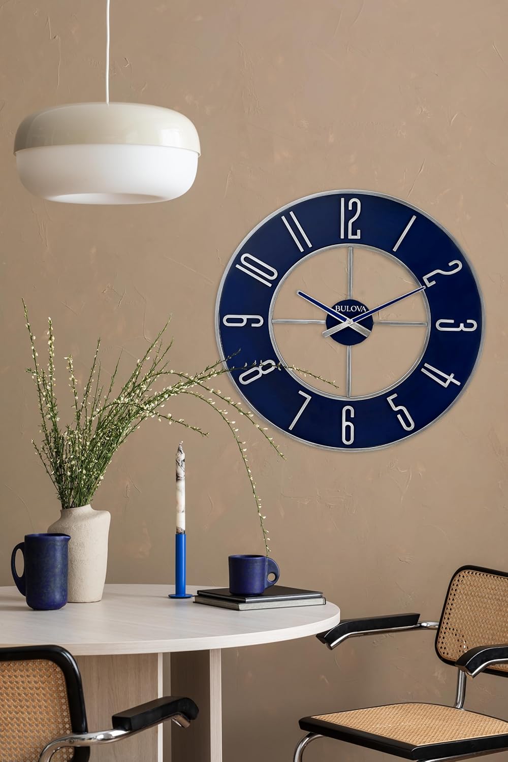 Bulova Blue Steel Oversize Wall Clock |Model C4809, 27" Diameter | Sleek Silver and Blue Finish | Contemporary Design | Battery Operated