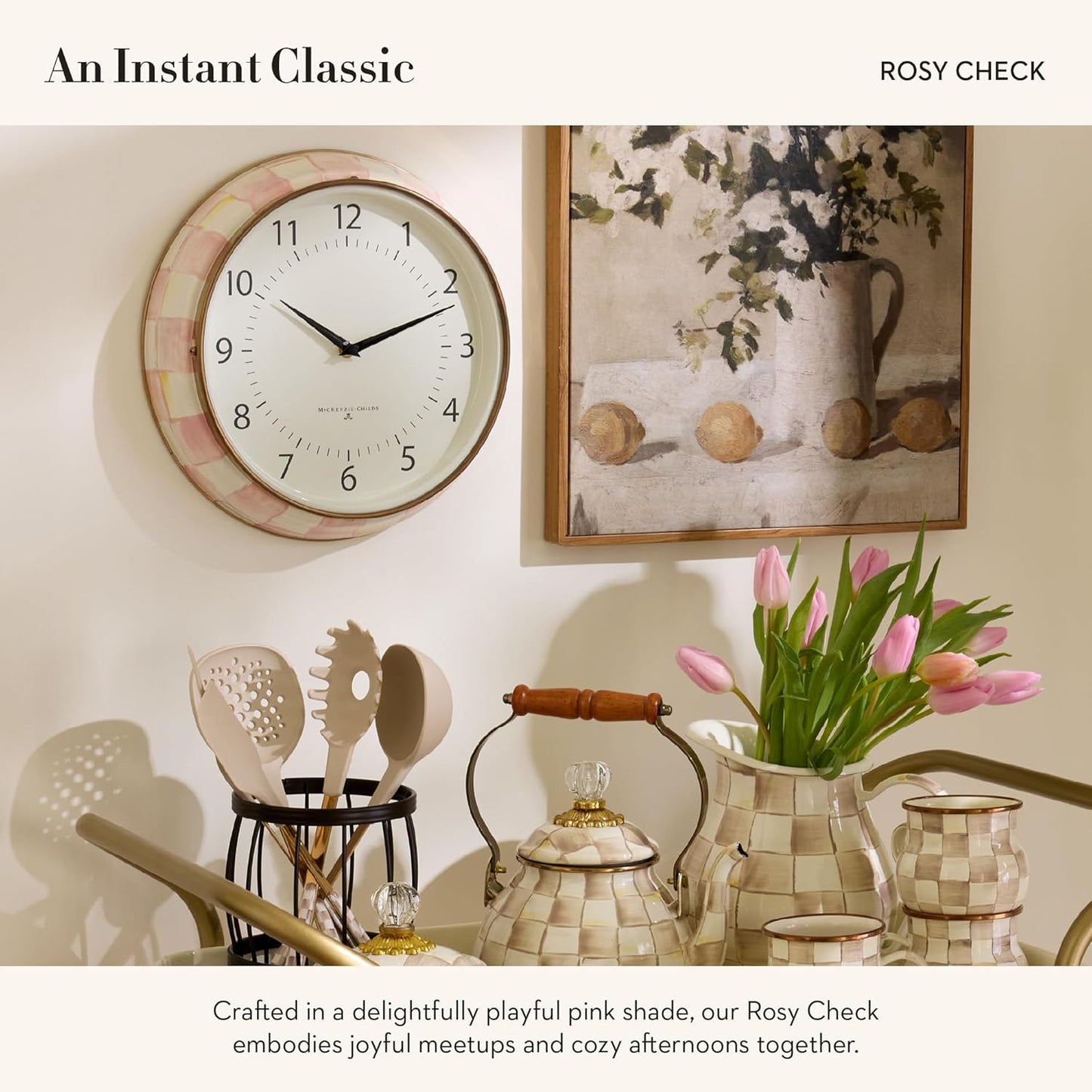 MACKENZIE-CHILDS Wall Clock, Decorative Enamel Clock for Kitchen and Living Room, Pink-and-White Rosy Check