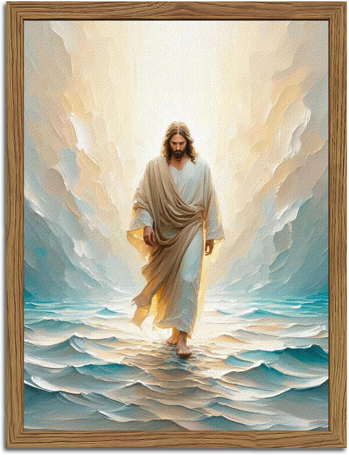 Jesus and Lamb Wall Art 3D Textured Hand Drawn Sandstone Lost Lamb Wall Decor, Jesus Leaves the 99 Sheep Christian Paintings Artwork for Living Prayer Room Bedroom 24x36 inch Wood Framed