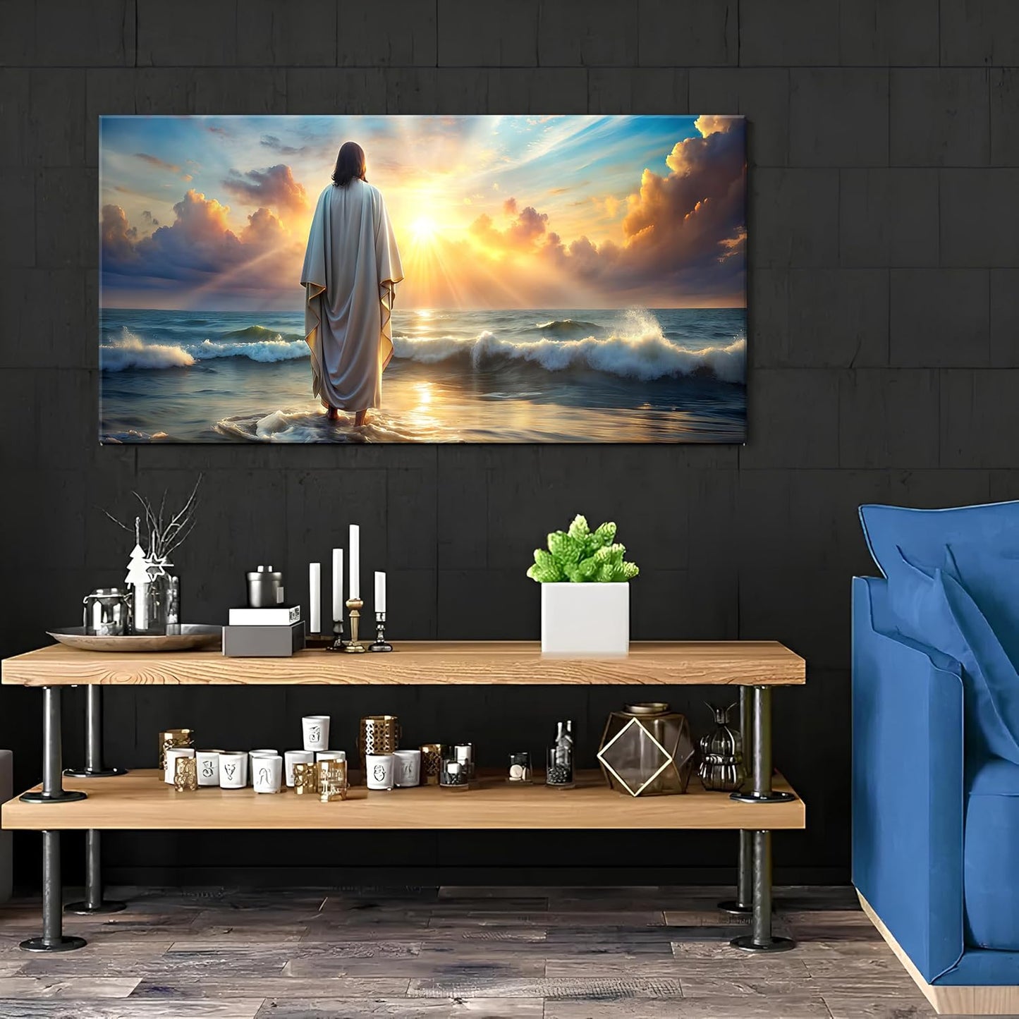 Jesus Walking on Water Wall Art Inspirational Biblical Wall Decor Jesus Walking on Sunset Ocean Picture Christian Religious Painting Decor Nature Beach Poster Artwork Church Home Decorations 20x40”