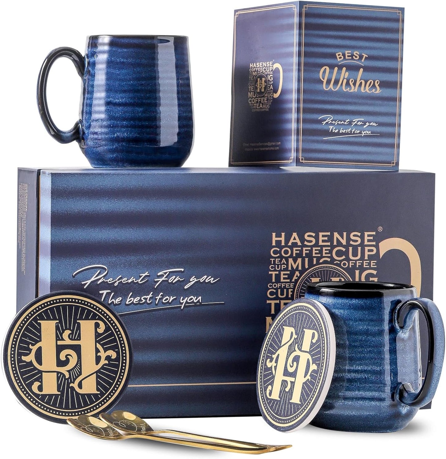 Hasense Coffee Mugs Set of 6, 12 Ounce Coffee Cups Set with Handle, Ceramic Tea Mugs for Kitchen, Blue Latte Mugs for Coffee,Cocoa, Tea, Stylish Mug Gift, Dishwasher and Microwave Safe