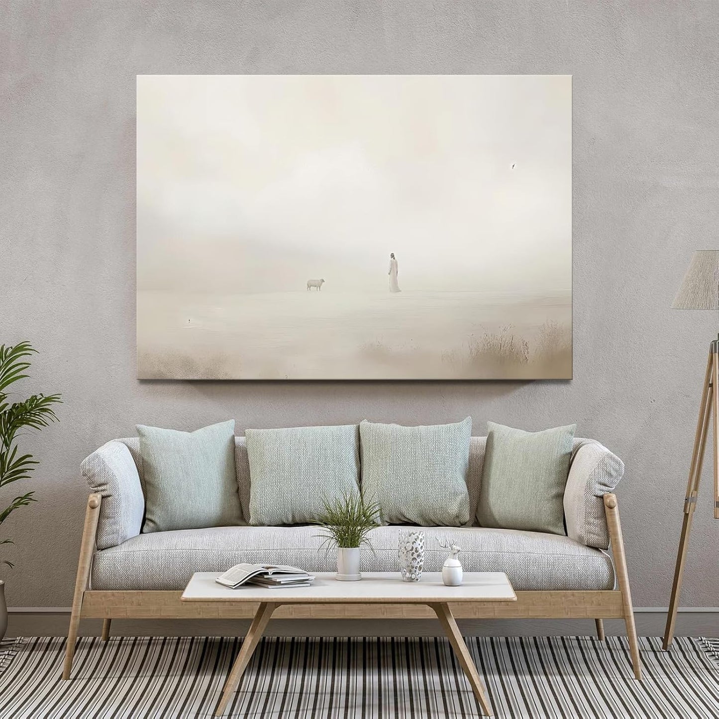 Jesus Leaves The 99 Wall Art, Meaningful Christian Painting, Parable Lost Sheep Wall Decor, Modern Neutral Religious Wall Decor for Living Room Ready To Hang (Framed,24×36 inch)