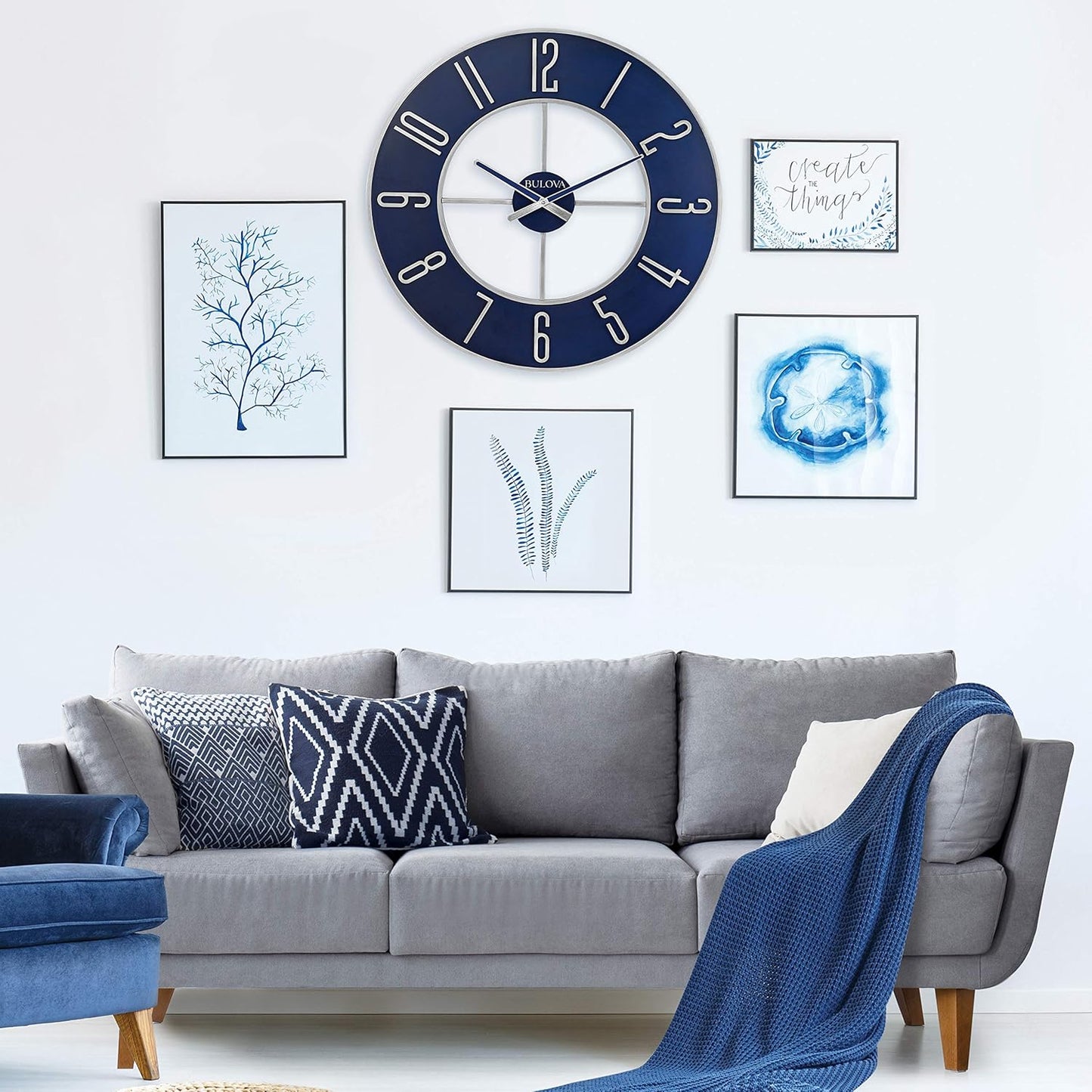 Bulova Blue Steel Oversize Wall Clock |Model C4809, 27" Diameter | Sleek Silver and Blue Finish | Contemporary Design | Battery Operated