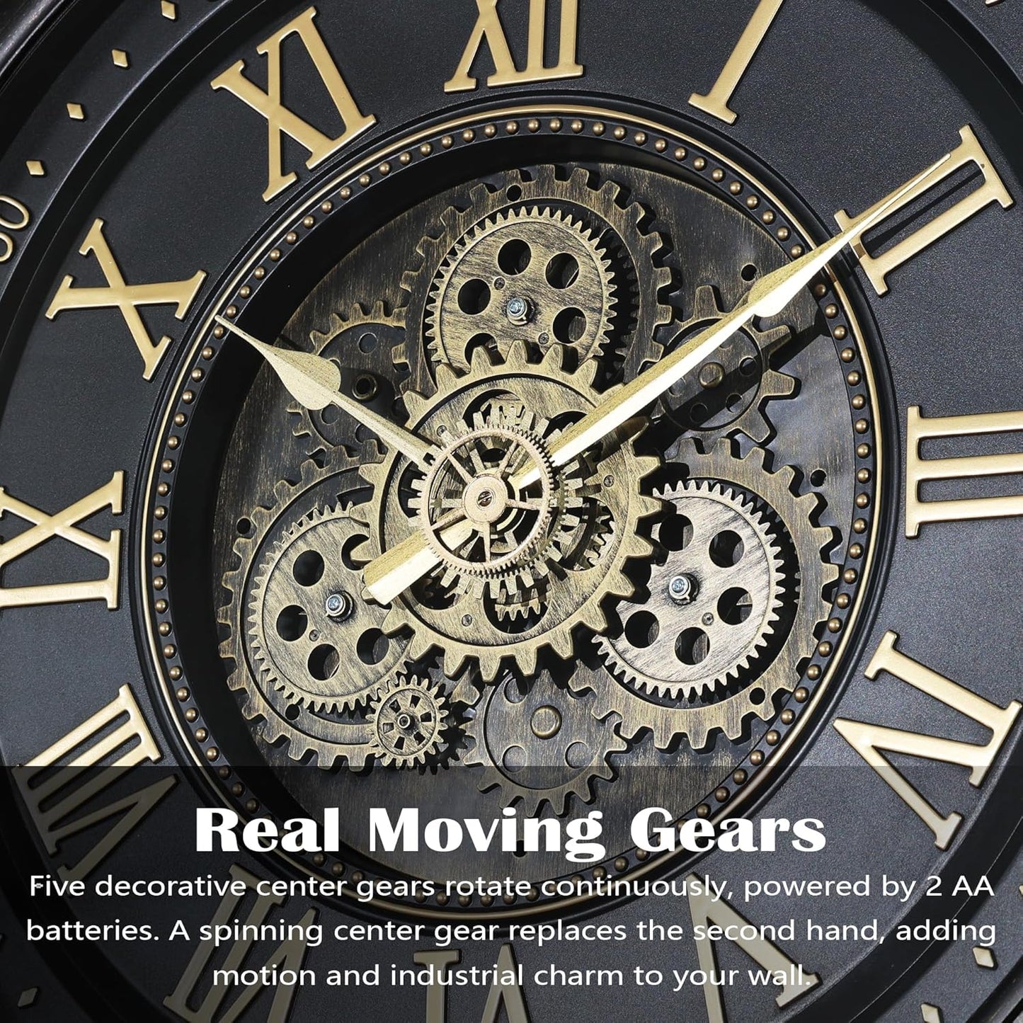 AYRELY® 24IN Decorative Moving Gear Large Wall Clock, Oversized Industrial Steampunk Gears, Big Numerals Wall Clock for Modern Living Room Decor (Carbon Black)