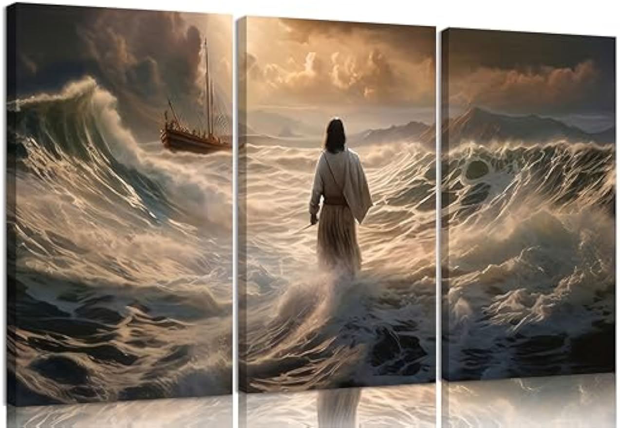 3Pcs Jesus Walking On Water Canvas Wall Art Christian Bible Stories Painting Picture Wall Decor Religious Spirit Faith Poster Print Artwork For Living Room Bedroom Church Ready To Hang