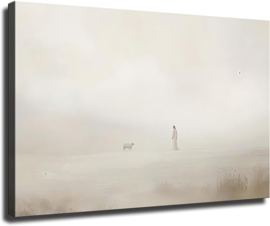 Jesus Leaves The 99 Wall Art, Meaningful Christian Painting, Parable Lost Sheep Wall Decor, Modern Neutral Religious Wall Decor for Living Room Ready To Hang (Framed,24×36 inch)