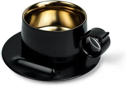 Designer’s Original Handmade Ceramic Coffee Mugs with Saucer，Food-Grade Titanium, Unique Ring Coffee cup for Office and Home, Birthday Gifts for Men and Women (Starry black)
