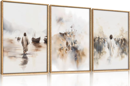 Jesus Framed Canvas Wall Art Set,Christian Bible Wall Decor, Minimalist Boho Christian Wall Painting, Retro Christmas Generic The Cross Art Prints for Living Room Bedroom, Church -16"x24"x3
