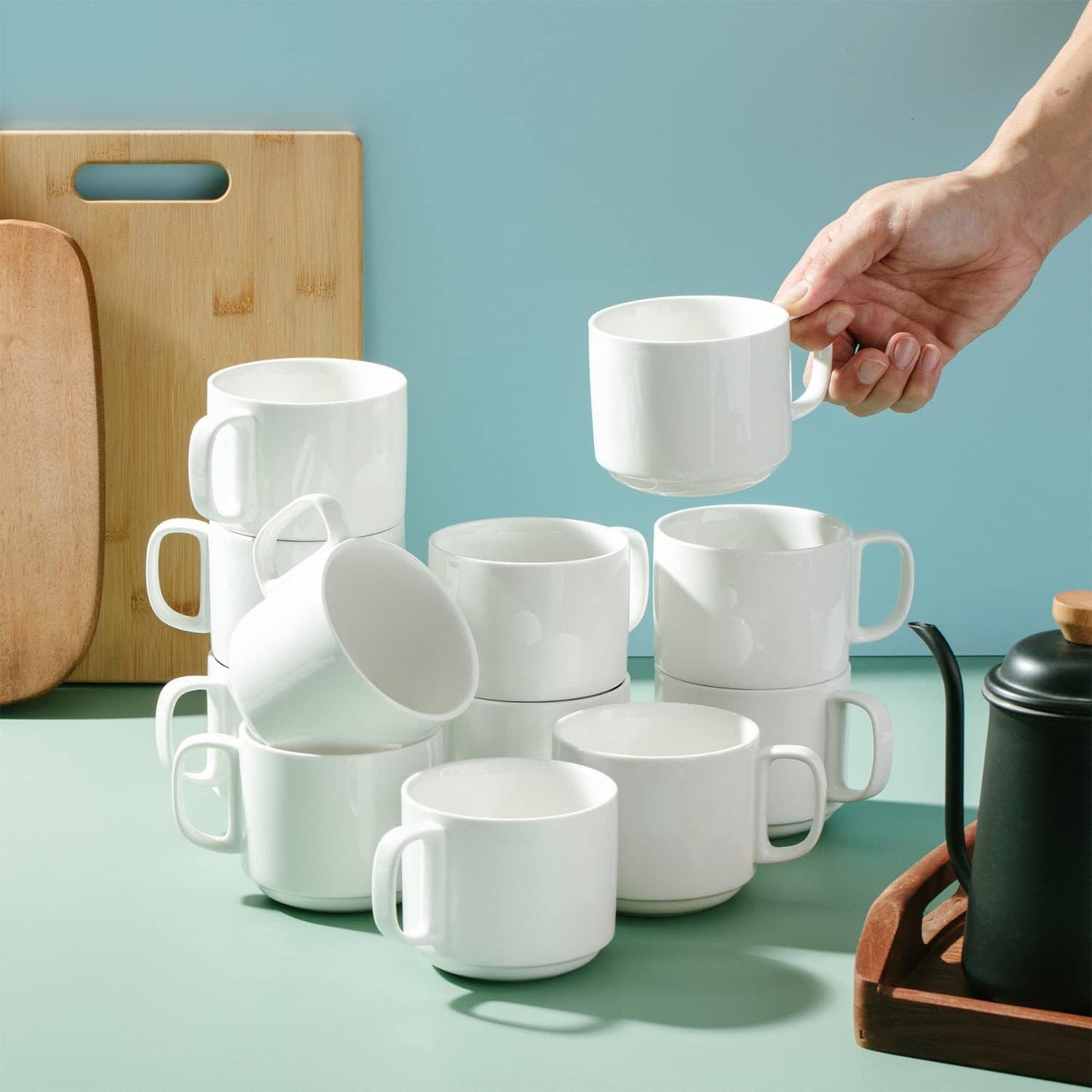 BTaT- Porcelain Stackable Coffee Mugs, 12 Pack, 12 oz, White, Ceramic Coffee Cups, Dishwasher and Microwave Safe