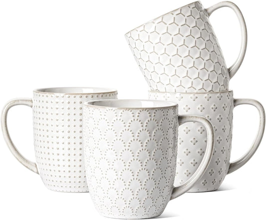 LE TAUCI Coffee Mugs 16 oz,Ceramic Mug Set, Embossment Cups for Latte, Hot Tea, Cappuccino, Mocha, Cocoa, Dishwasher Safe, Suit For Housewarming Wedding- 3.8 inch, Set of 4, Arctic White