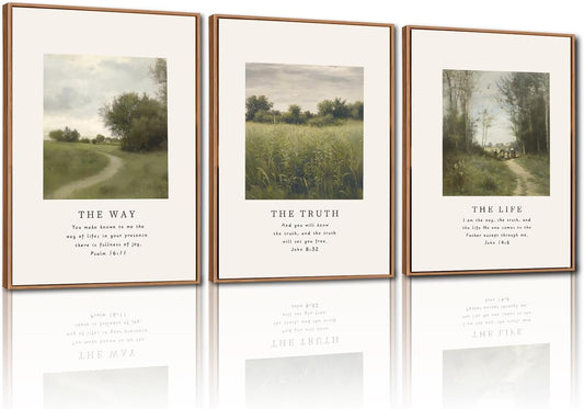 CHDITB Vintage Christian Framed Canvas Wall Art Set, The Way The Truth The Life Wall Decor, Bible Verse Artwork Scripture Wall Painting, Religious Art Prints for Living Room Bedroom Office 16"x24"x3