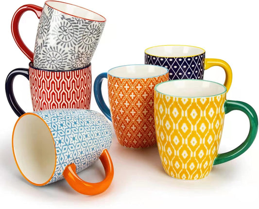 KitchenTour Ceramic Coffee Mug Set of 6 16oz - Coloful Restaurant Mugs 6pack - Cup set for Coffee, Tea, Cappuccino, Cocoa - Bohemia style