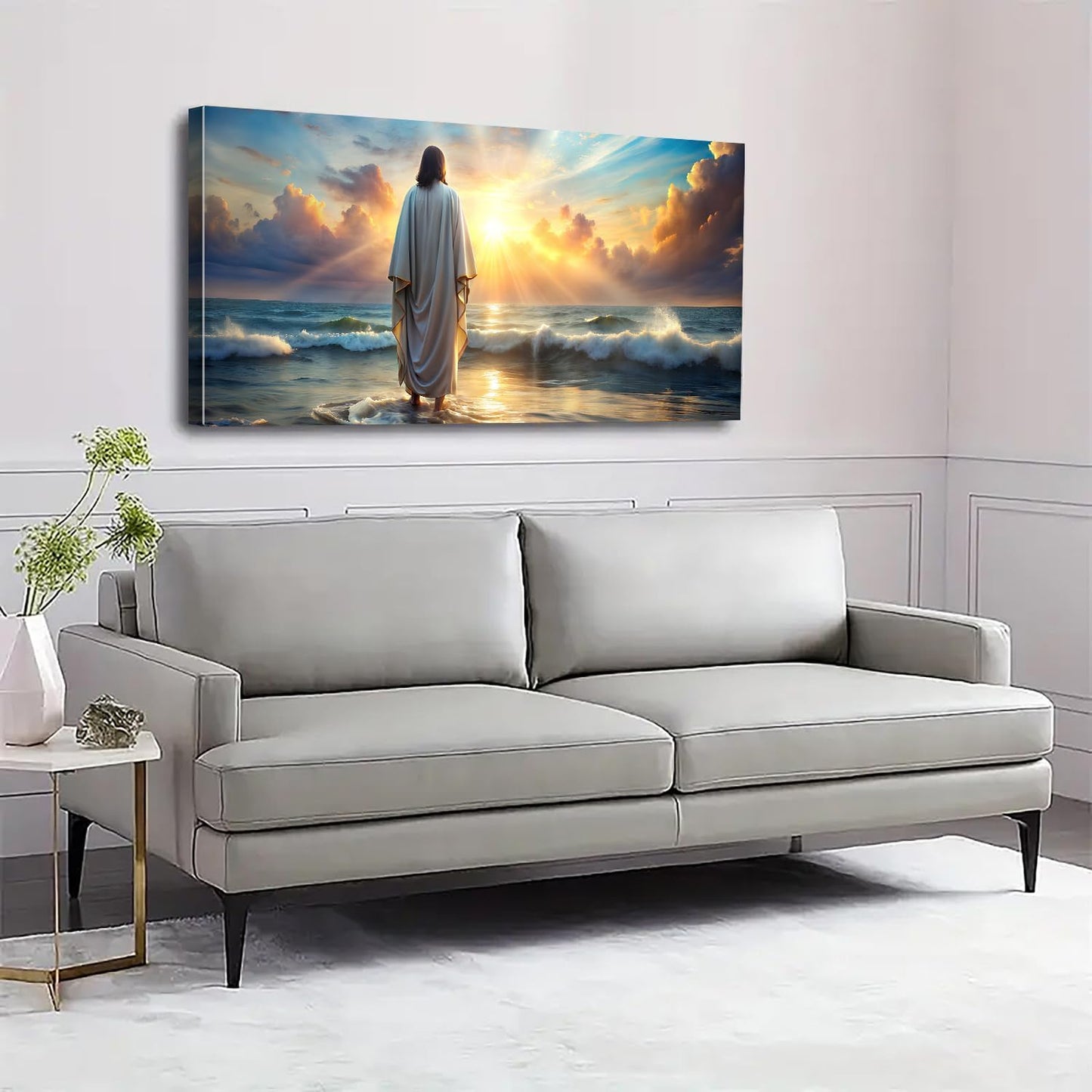 Jesus Walking on Water Wall Art Inspirational Biblical Wall Decor Jesus Walking on Sunset Ocean Picture Christian Religious Painting Decor Nature Beach Poster Artwork Church Home Decorations 20x40”