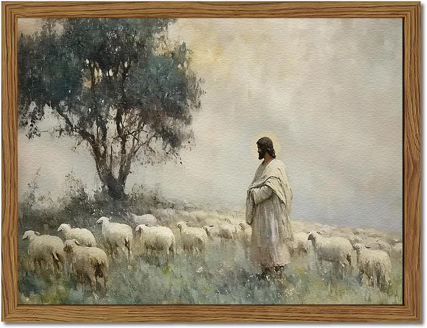 Jesus and Lamb Wall Art 3D Textured Hand Drawn Sandstone Lost Lamb Wall Decor, Jesus Leaves the 99 Sheep Christian Paintings Artwork for Living Prayer Room Bedroom 24x36 inch Wood Framed