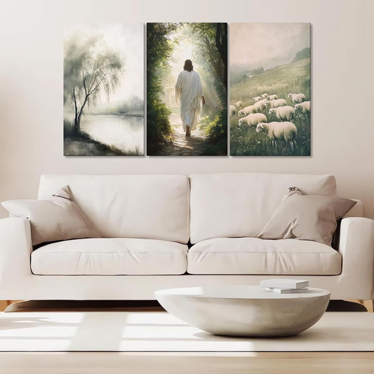 HOASDFO Jesus and Lamb Canvas Wall Prints, Jesus Canvas Wall Art, Christ Painting Decor, Christian Religious Poster Picture, Religious Spirit Artwork for Church Living Room (24" x 36" x 3pc)