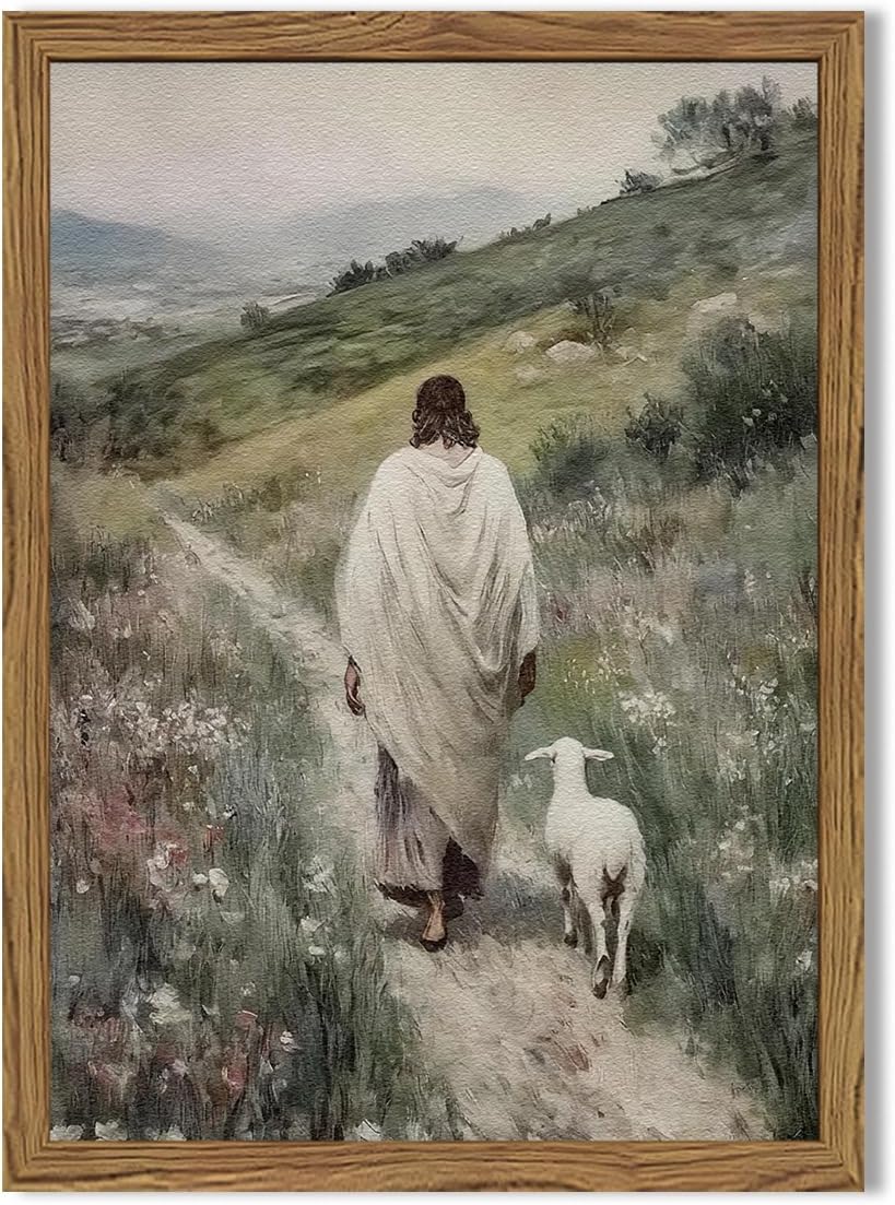 Jesus and Lamb Wall Art 3D Textured Hand Drawn Sandstone Lost Lamb Wall Decor, Jesus Leaves the 99 Sheep Christian Paintings Artwork for Living Prayer Room Bedroom 24x36 inch Wood Framed