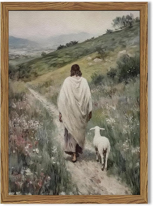 Jesus and Lamb Wall Art 3D Textured Hand Drawn Sandstone Lost Lamb Wall Decor, Jesus Leaves the 99 Sheep Christian Paintings Artwork for Living Prayer Room Bedroom 24x36 inch Wood Framed