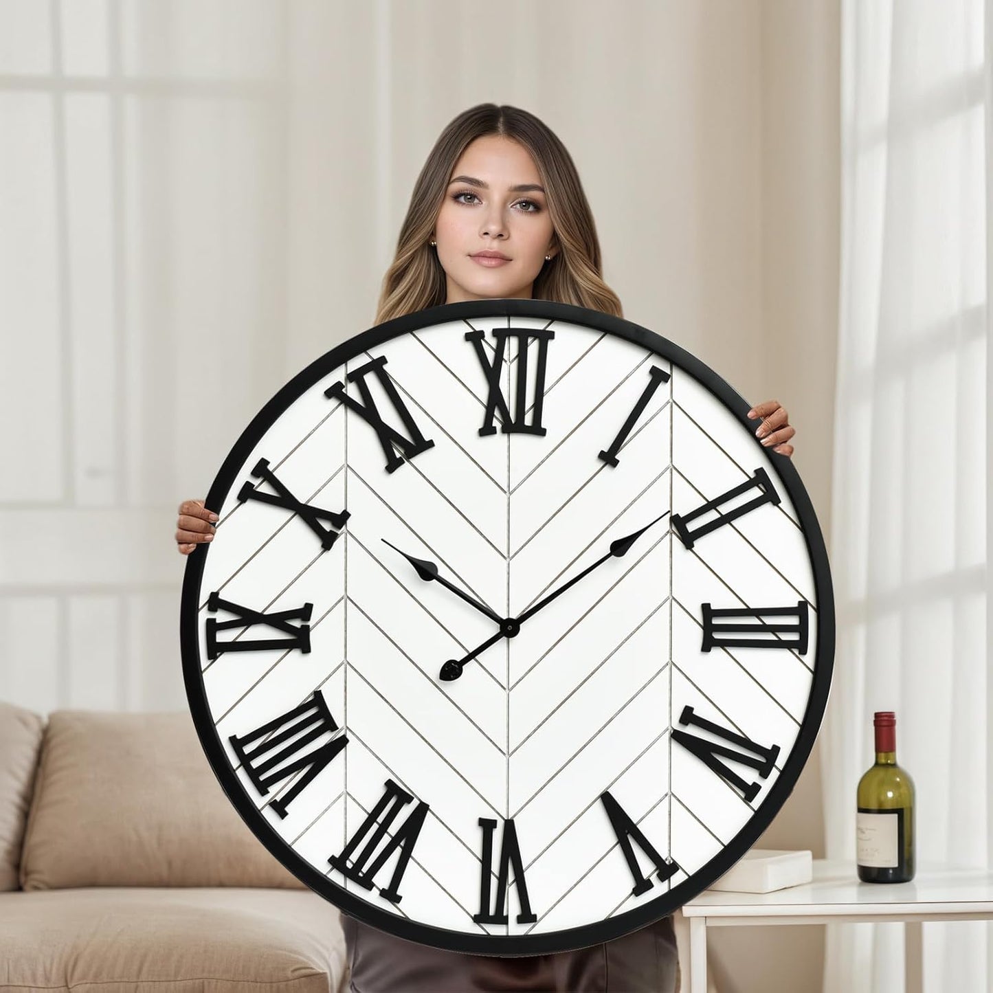 Large Old Town Farmhouse Wall Clock 30 Inches Rustic Antique Wood with Metal Circle and Large Numerals Silent Battery Operated Wall Clock for Office Kitchen Bedroom Living Room